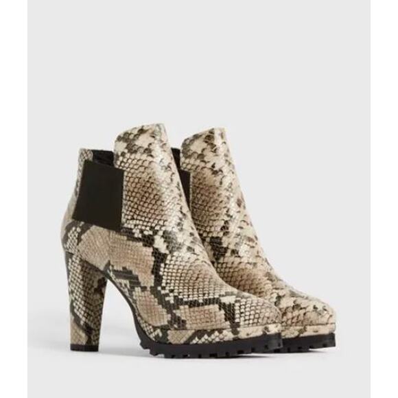 All Saints Shoes - AllSaints Sarris Leather Snakeprint Platform Heeled Boot Gray Black Womens 10 US